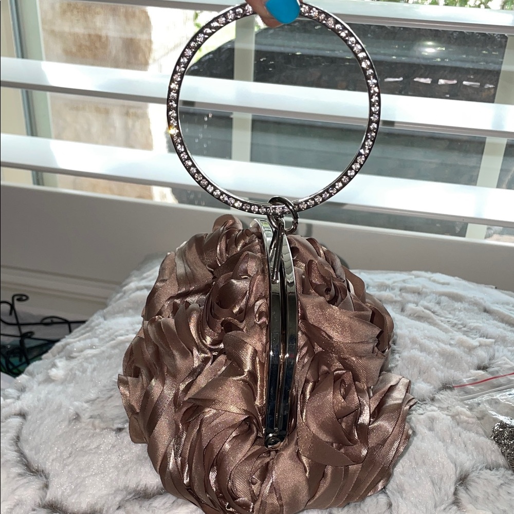 Chic Satin Rosettes Clutch handbag Taupe w oversized rhinestones holder & chain